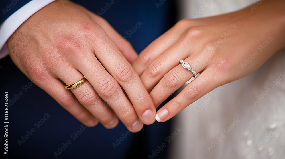 A couple holding hands with wedding rings on their fingers A couple holding hands with wedding rings on their fingers
