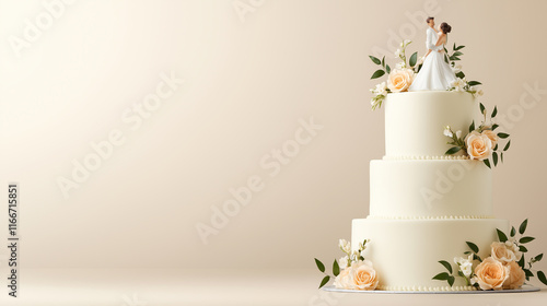 A wedding cake with a couple figurine on top