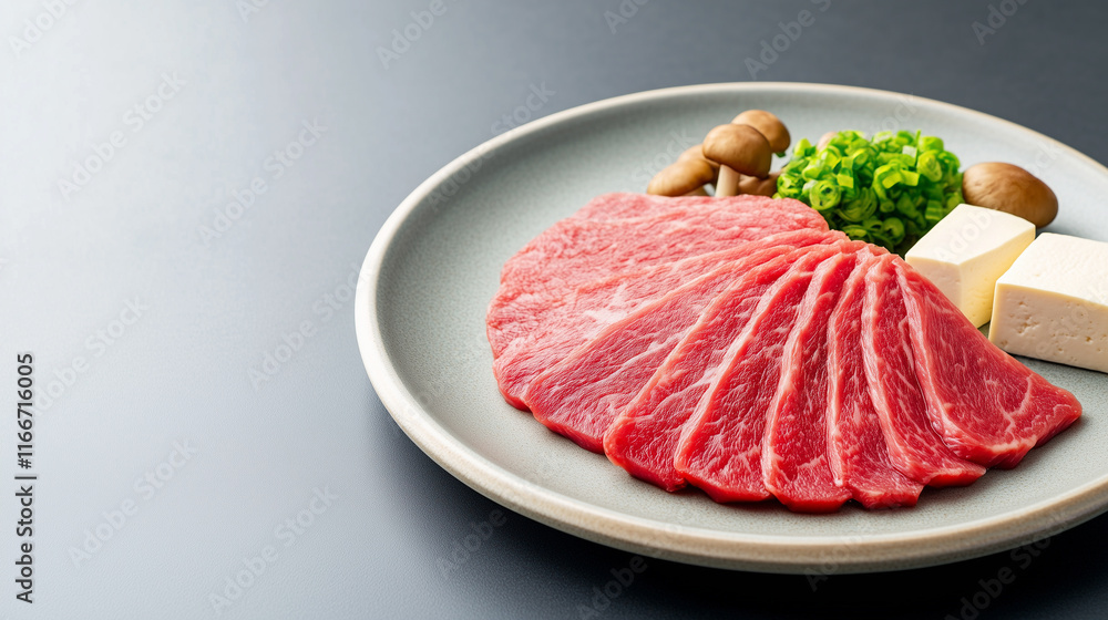 A plate of meat with mushrooms and green onions A plate of meat with mushrooms and green onions