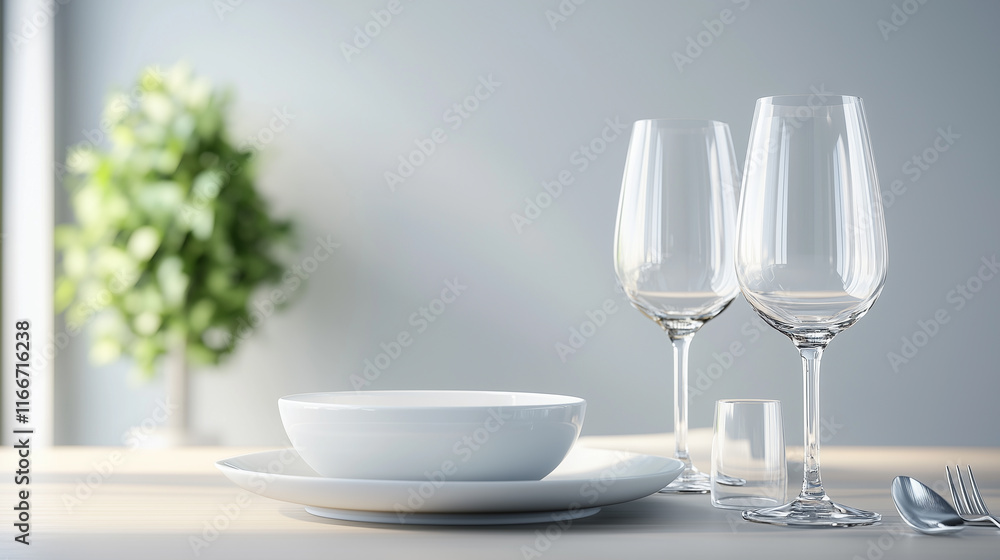 A table with a white plate, two wine glasses, a fork, and a knife A table with a white plate, two wine glasses, a fork, and a knife