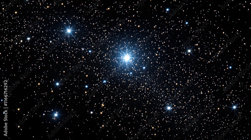 Obraz premium Bright star surrounded by numerous smaller stars in a dark night sky.
