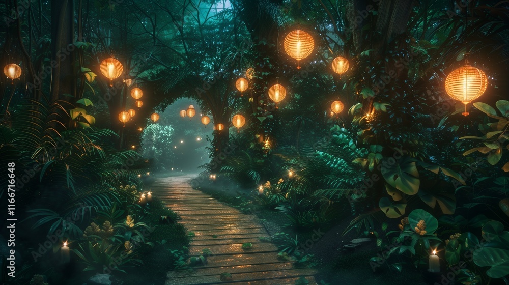A magical pathway lined with glowing lanterns and surrounded by lush greenery under moonlight A magical pathway lined with glowing lanterns and surrounded by lush greenery under moonlight