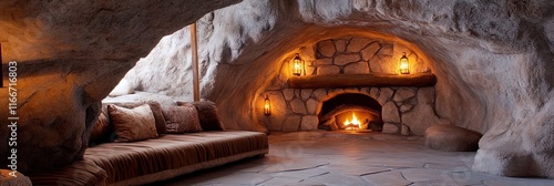 stone living room, cave interior, well lit, prehistoric interior design photo