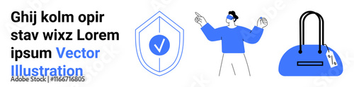 Security shield with check mark, person using VR headset, blue handbag with price tag. Ideal for tech security, virtual reality, shopping, fashion, e-commerce branding online shopping. Landing page