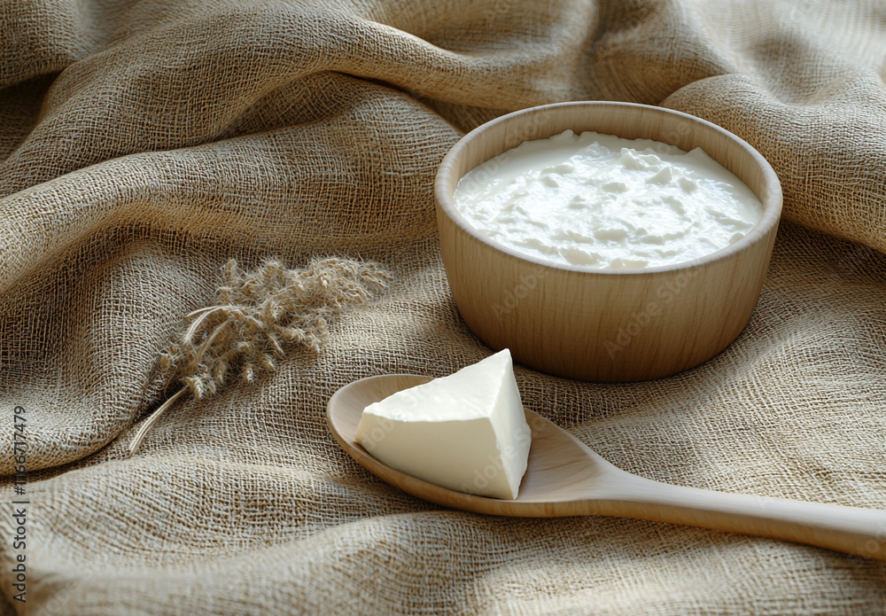 Wooden Spoon Filled with Kefir Beside Milk Pot Wooden Spoon Filled with Kefir Beside Milk Pot