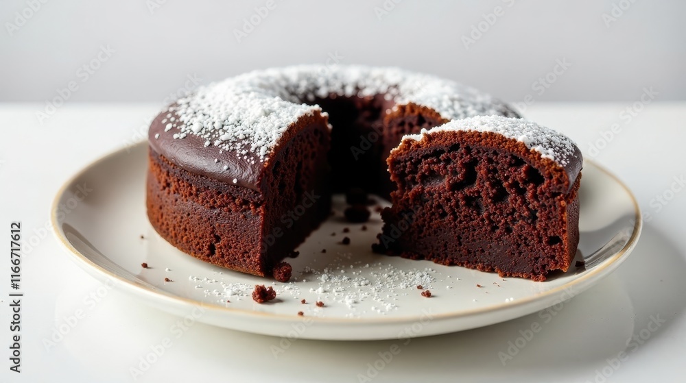A decadent chocolate cake, rich and moist, dusted with powdered sugar, sits on a simple plate, a tempting slice removed, revealing the dense, intensely flavored interior. A decadent chocolate cake, rich and moist, dusted with powdered sugar, sits on a simple plate, a tempting slice removed, revealing the dense, intensely flavored interior.