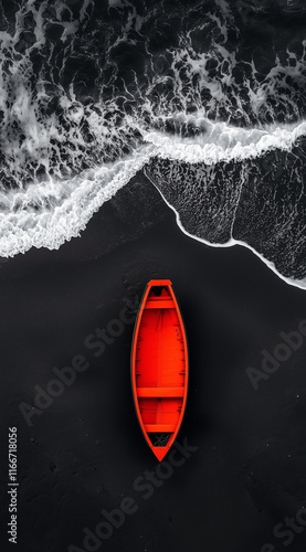 Minimalist aerial photography of the Black Sea, a red boat on a black sand beach, with waves in the background. The color scheme is black and white with one bright neon color as an accent.



