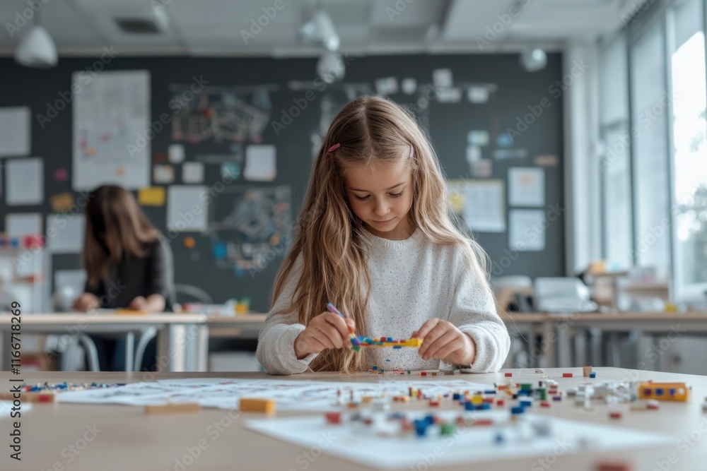 Fototapeta premium Elementary school student building with colorful plastic bricks in classroom