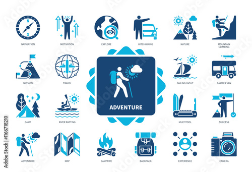 Adventure icon set. Explore, Travel, Motivation, Nature, Camp, Mountain Climbing, Experience, Backpack. Duotone color solid icons