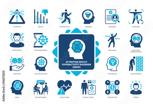Attention Deficit Hyperactivity Disorder (ADHD) icon set. Dysfuction, Psychotherapy, Impulsivity, Stress, Self Regulation, Inattention. Duotone color solid icons
