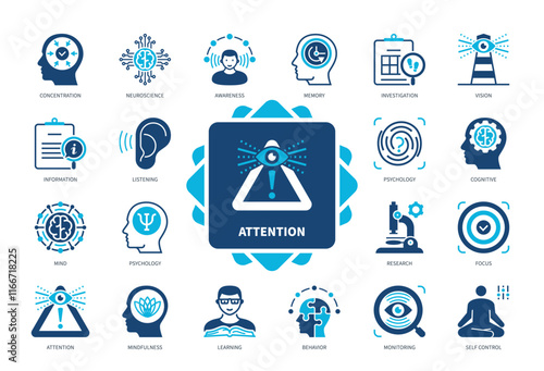 Attention icon set. Memory, Awareness, Neuroscience, Mindfulness, Focus, Monitoring, Research, Cognitive. Duotone color solid icons
