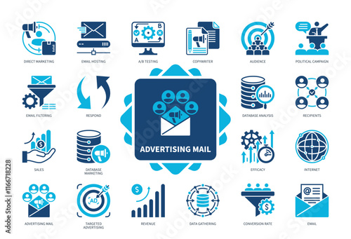 Advertising Mail icon set. Audience, Conversion Rate, Recipients, Respond, Direct Marketing, Revenue, Sales, Email. Duotone color solid icons