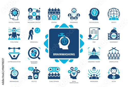 Brainwashing icon set. Totalitarian Regime, Control, Governance, Propaganda, Public Opinion, Politics, Fake, Society. Duotone color solid icons