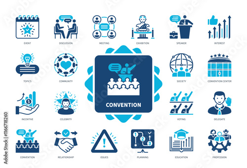 Convention icon set. Community, Exhibition, Event, Planning, Profession, Incentive, Discussion, Speaker. Duotone color solid icons