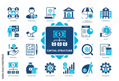 Capital Structure icon set. Leverage, Shareholder, Credit Rating, Debt, Regulation, Accounting, Fund, Balance Sheet. Duotone color solid icons