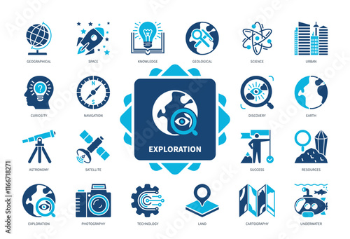 Exploration icon set. Space, Curiosity, Underwater, Photography, Cartography, Discovery, Astronomy, Technology. Duotone color solid icons