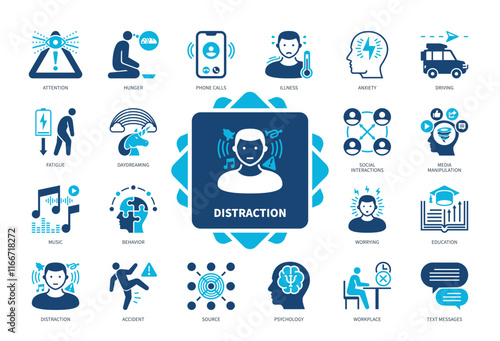 Distraction icon set. Attention, Hunger, Daydreaming, Anxiety, Source, Fatigue, Worrying, Illness. Duotone color solid icons
