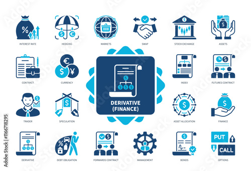 Derivative icon set. Hedging, Swap, SEO, Options, Interest Rate, Speculation, Futures Contract, Trader. Duotone color solid icons