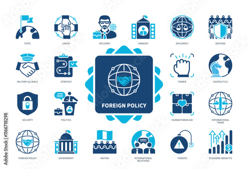 Foreign Policy icon set. Military Alliance, Union, Defense, Humanitarian Aid, Threats, Diplomat, Politics, Nation. Duotone color solid icons