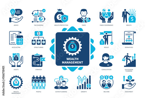 Wealth Management icon set. Structuring, Taxes, Family Governance, Estate Planning, Advice, Investment, Growth, Welfare. Duotone color solid icons