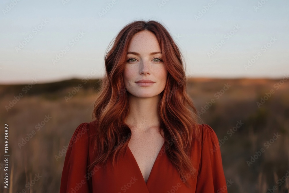 Beautiful redhead model posing in a field at sunset Beautiful redhead model posing in a field at sunset