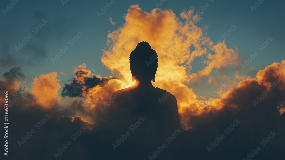 silhouette of buddha against the background of clouds illuminated by the dawn sun with copy space silhouette of buddha against the background of clouds illuminated by the dawn sun with copy space