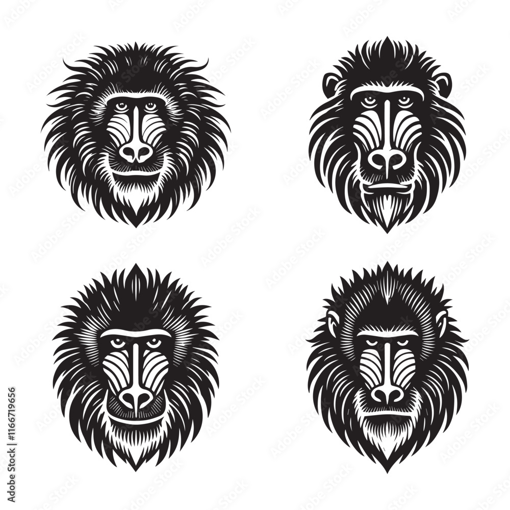Detailed Silhouette of a Mandrill Face Isolated on White Background in Monochrome Detailed Silhouette of a Mandrill Face Isolated on White Background in Monochrome