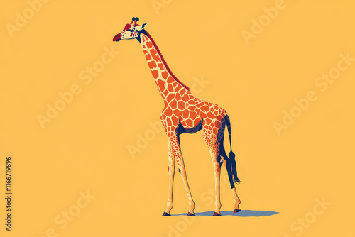 A stylized giraffe stands against a yellow background.  Its long neck and distinctive pattern are clearly visible. photo