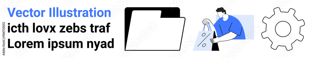 Folder representing document storage, character carrying a shopping bag symbolizing consumer actions, and a gear icon indicating settings or process optimization. Ideal for business processes Folder representing document storage, character carrying a shopping bag symbolizing consumer actions, and a gear icon indicating settings or process optimization. Ideal for business processes