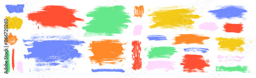 Mondrian-inspired colorful blotches. Vector bright childish hand-painted circles, long straight brush lines, rectangles. Ink brush shapes. Hand-drawn grungy texture set. Dirty distressed urban shapes