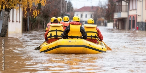 Rescue teams navigating through flooded areas in the wake of a hurricane, people being evacuated by boat, [hurricane], [rescue efforts], , photo