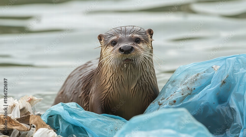 River Otter Playfully Navigates Ocean Trash Yangtze River Wildlife Encounter Polluted Waters Engaging Concept on Plastic Pollution River Otter Playfully Navigates Ocean Trash Yangtze River Wildlife Encounter Polluted Waters Engaging Concept on Plastic Pollution