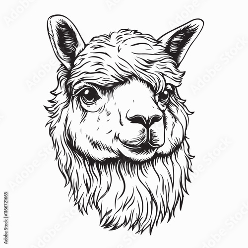 Alpaca Head Vector. Black and white Alpaca Head Vector on white background.