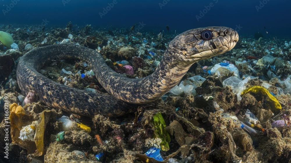 Sea Snake Navigating Ocean Trash Yangtze River Underwater Photography Polluted Environment Conservation Message Plastic Pollution Impact Sea Snake Navigating Ocean Trash Yangtze River Underwater Photography Polluted Environment Conservation Message Plastic Pollution Impact