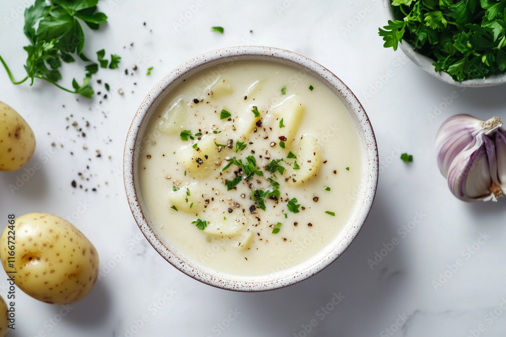 Potato soup with creamy texture, chunks, and parsley garnish Potato soup with creamy texture, chunks, and parsley garnish