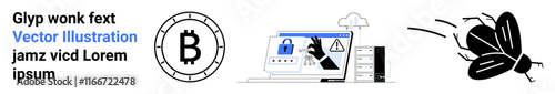 Bitcoin symbol, cybersecurity icons including a locked laptop, and a bug icon. Ideal for technology, cybersecurity, digital finance, online threats, blockchain, coding, web development. Landing page