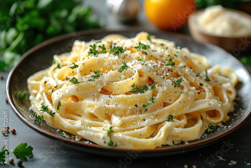 Creamy fettuccine alfredo garnished with fresh herbs