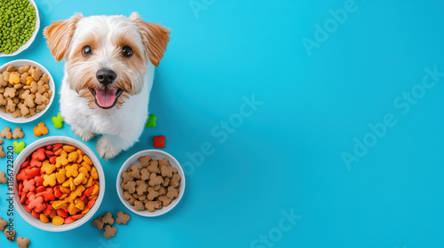 happy dog sits next to colorful bowls of pet food, eagerly anticipating meal. vibrant colors of food contrast with blue background, creating cheerful scene