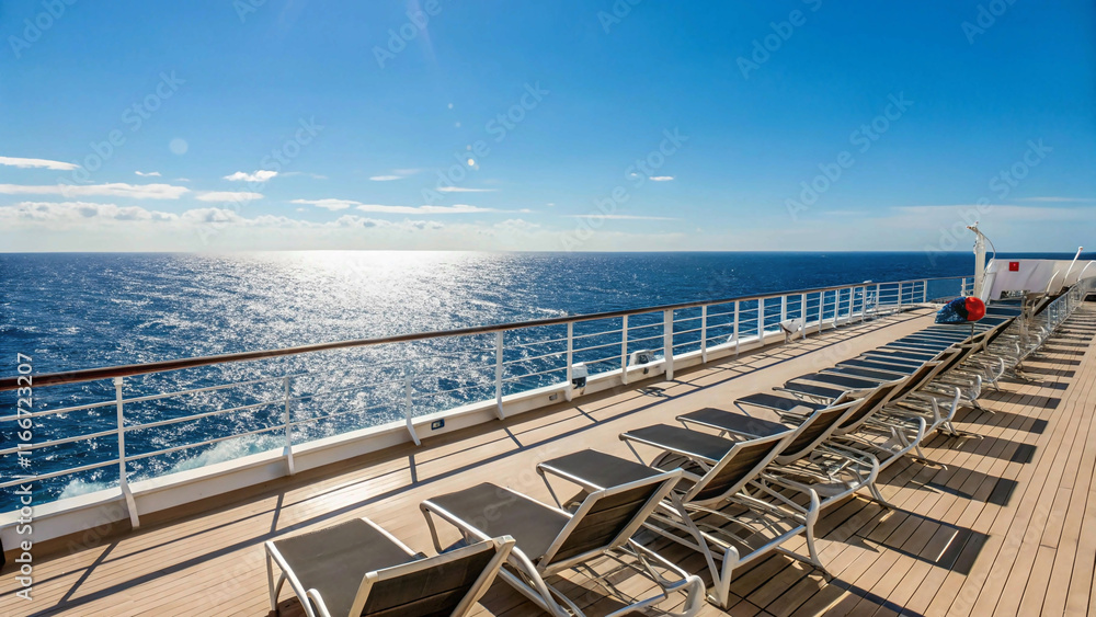 luxurious cruise ship deck with lounge chairs and ocean view.Pristine Cruise Ship Deck with Lounge Chairs Facing the Sparkling Ocean under a Radiant Blue Sky luxurious cruise ship deck with lounge chairs and ocean view.Pristine Cruise Ship Deck with Lounge Chairs Facing the Sparkling Ocean under a Radiant Blue Sky
