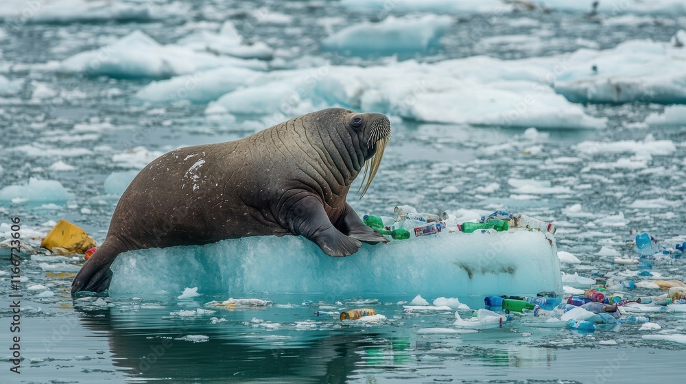 Naklejka premium Walrus Balancing on Ice Chunk Amid Ocean Trash Arctic Environment Wildlife Photography Plastic Pollution Awareness