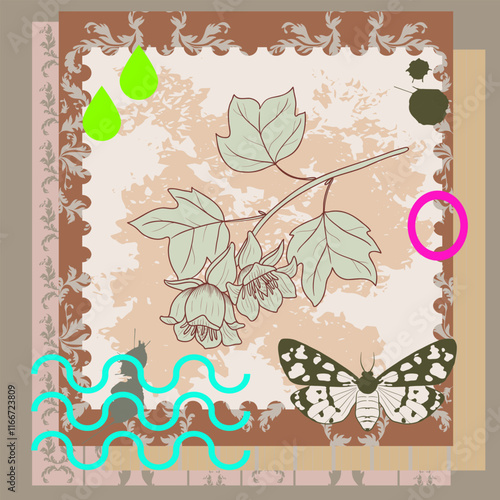 vector collage with tulip treebranch, butterfly and neon color elements, creative composition with sketch of nature