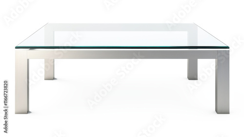 A glass coffee table with a silver frame on transparent background