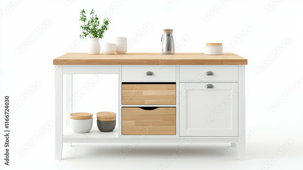 A white kitchen island with a wooden top and drawers A white kitchen island with a wooden top and drawers