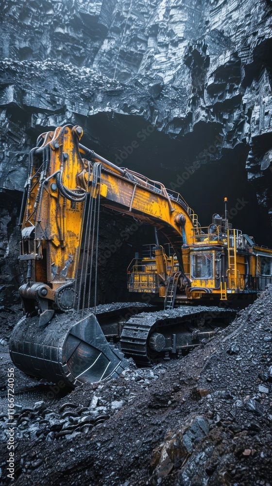 Massive yellow excavator digging and extracting rock and stone from a snowy frozen underground quarry tunnel Massive yellow excavator digging and extracting rock and stone from a snowy frozen underground quarry tunnel
