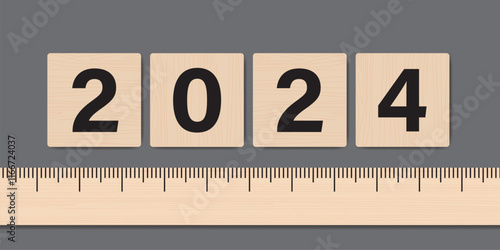Ruler measuring result level of 2024 year. Wooden labels and ruler. Motivation saying. Annual report, horizontal banner template. Analysis, strategy, planning concept