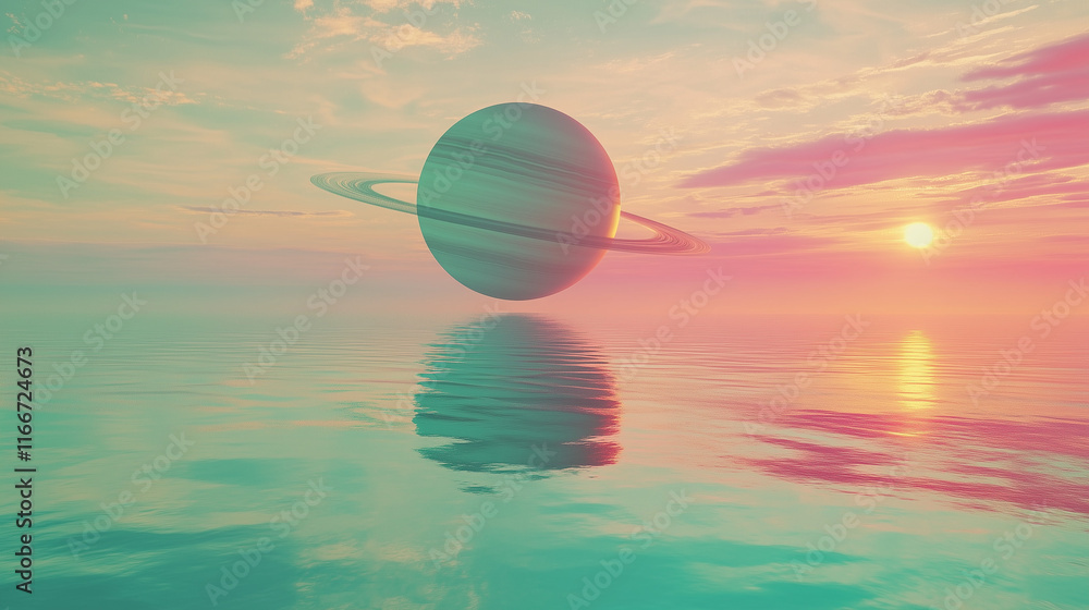 Fototapeta premium Pierścieniowa planeta wznosi się nad tajemniczym oceanem, którego odbicie ukazuje surrealistyczne barwy w kosmicznym krajobrazie. 