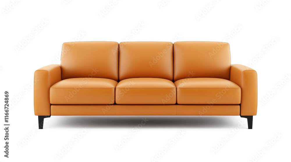 Fototapeta premium A tan leather couch with three cushions on transparent background