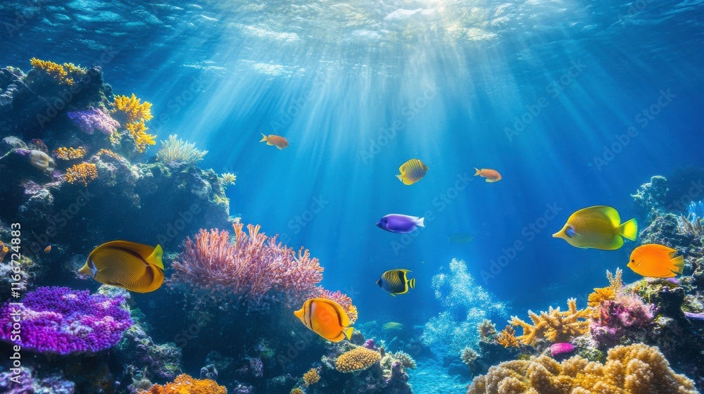 Naklejka premium Vibrant Marine Creatures in Coral Reef Environment