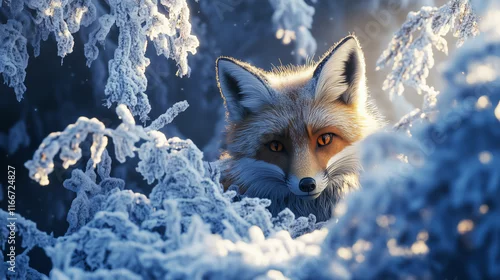 Fototapeta Rudy lis z ciekawością spogląda zza pokrytego śniegiem krzewu, jego ciepłe futro wyróżnia się na tle lodowatej scenerii.
