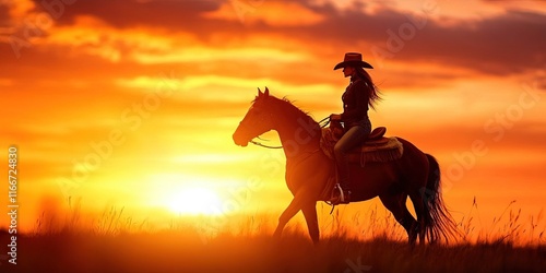 female cowboy riding horse in the wild west at sunset